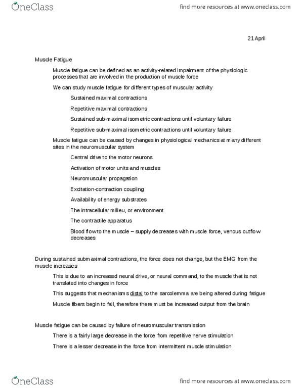 HES 319 Lecture Notes - Agonist, Alpha Motor Neuron, Muscle Fatigue thumbnail