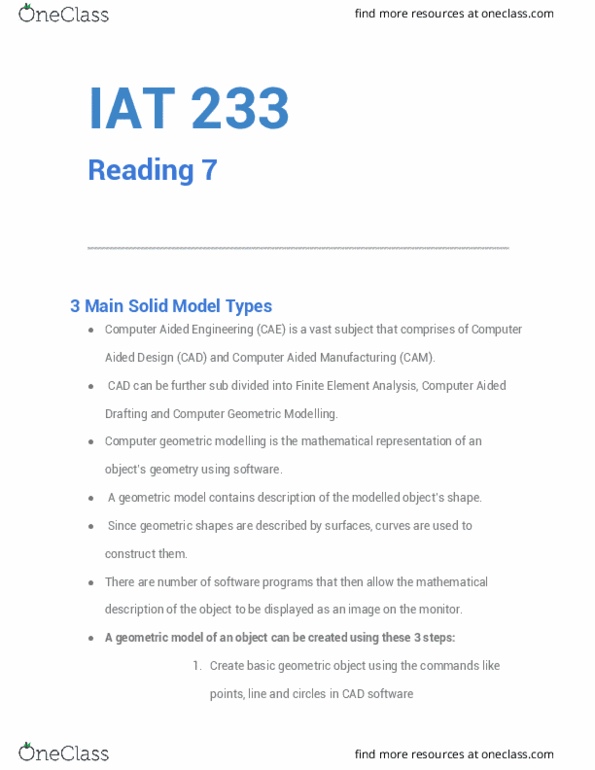 IAT 233 Chapter Notes - Chapter 7: Finite Element Method, Computer-Aided Manufacturing, Geometric Modeling thumbnail