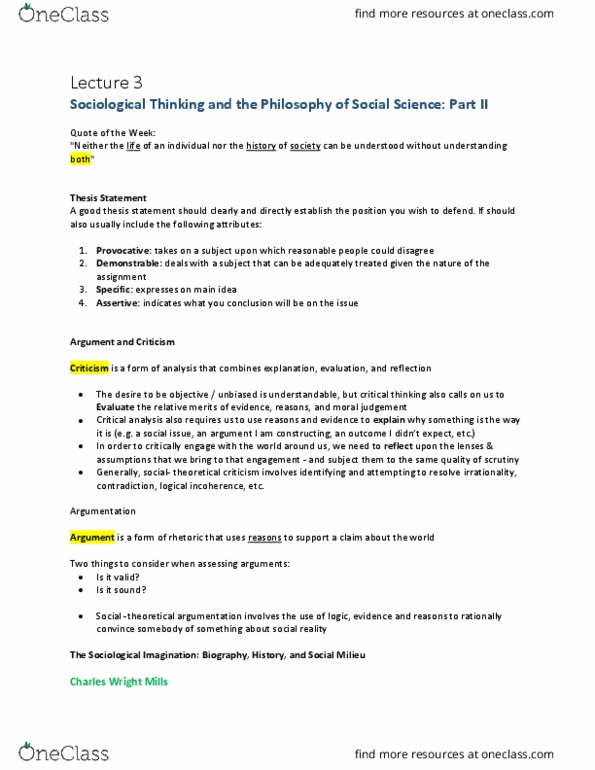 Sociology 2270A/B Lecture Notes - Lecture 3: The Sociological Imagination, Thesis Statement, Human Nature thumbnail