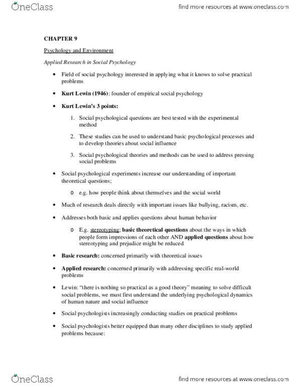 Psychology 2990A/B Chapter 9: Chapter 9 - Environmental Psychology - Textbook Notes thumbnail