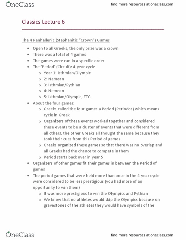 Classical Studies 2300 Lecture Notes - Lecture 6: Pythian Games, Panhellenic Games, One Story thumbnail
