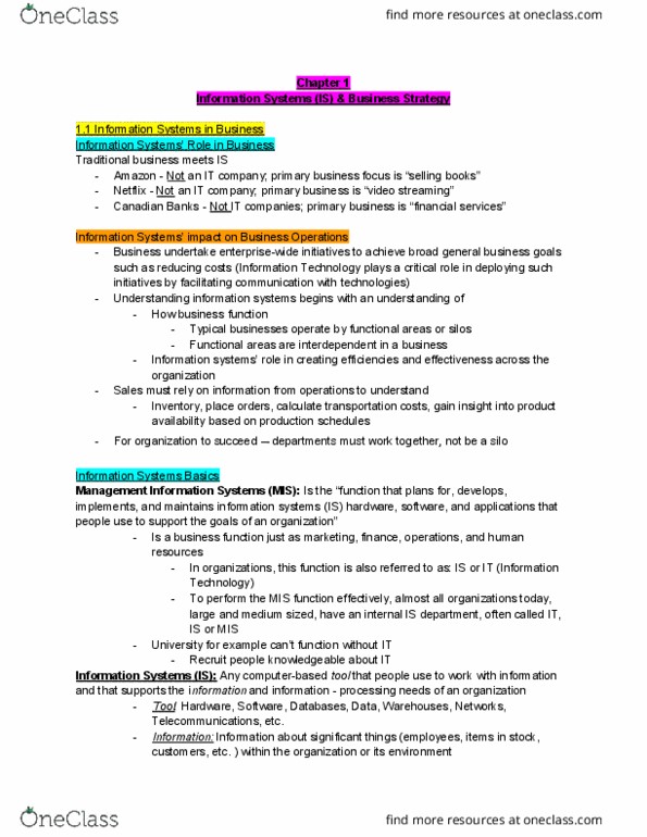 ADM 2372 Chapter Notes - Chapter 1: Management Information System, Information System, Critical Role thumbnail