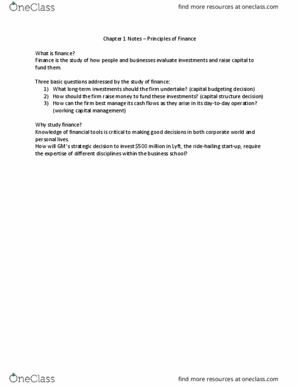 FIRE 311 Lecture Notes - Lecture 1: Corporate Finance, Lyft, Capital Budgeting thumbnail