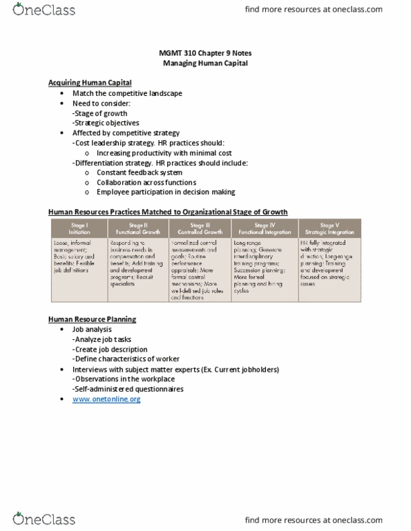 MGMT 310 Lecture Notes - Lecture 9: Cost Leadership, Job Analysis, Core Competency thumbnail