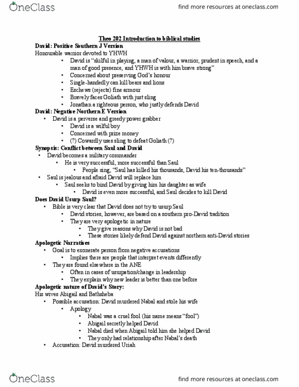 THEO 202 Lecture Notes - Lecture 10: Nabal, Rehoboam, Ish-Bosheth thumbnail