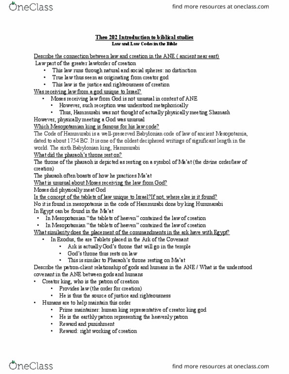 THEO 202 Lecture Notes - Lecture 20: Covenant Code, Assyrian Law, Shamash thumbnail