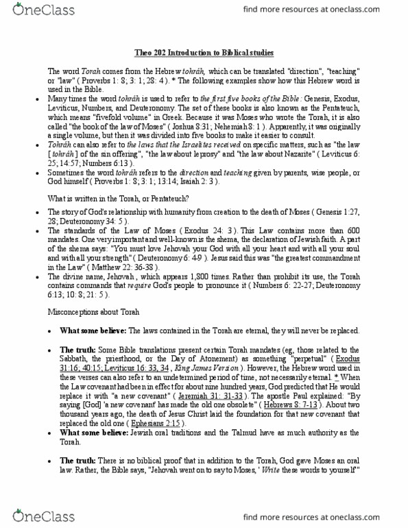 THEO 202 Lecture Notes - Lecture 33: Book Of Deuteronomy, Book Of Leviticus, Nazirite thumbnail