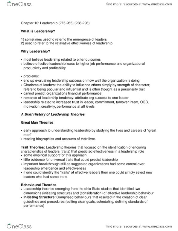 Psychology 2061A/B Chapter Notes - Chapter 102060: Transformational Leadership, Transactional Leadership, Job Performance thumbnail