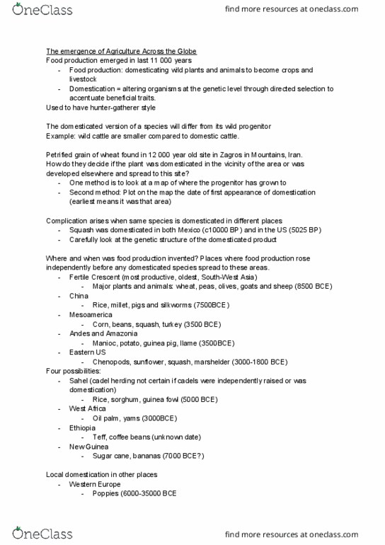 SOWK 2035 Lecture Notes - Lecture 9: Eragrostis Tef, Fertile Crescent, Sugarcane thumbnail