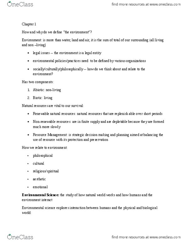 ENV100Y5 Chapter Notes - Chapter 1: Ecocentrism, Millennium Ecosystem Assessment, Sustainable Development thumbnail
