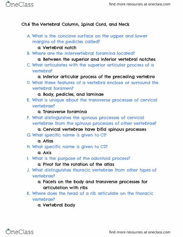 RIU 332 Lecture Notes - Lecture 62: Intervertebral Foramina, Cervical Vertebrae, Thoracic Vertebrae thumbnail