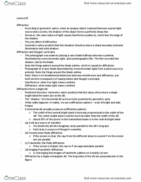 PHY 2020 Lecture Notes - Lecture 47: Geometrical Optics, Diffraction, The Slits thumbnail