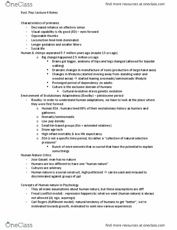 PSYC 3420 Lecture Notes - Lecture 4: John Bowlby, Infant Mortality, Cultural Evolution thumbnail