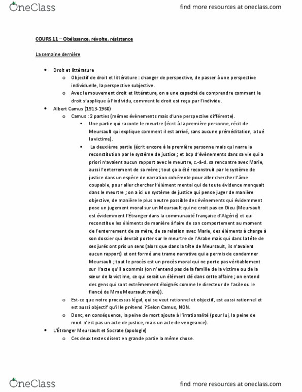 DRT 1022 Lecture Notes - Lecture 11: Albert Camus, Le Droit, Chef thumbnail