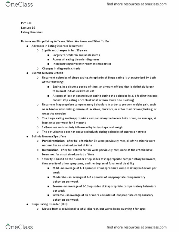 PSY 338 Lecture Notes - Lecture 16: Binge Eating Disorder, Anorexia Nervosa, Binge Eating thumbnail