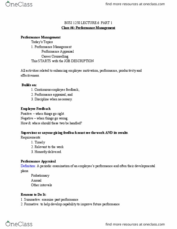 BUSI 1250 Lecture Notes - Lecture 6: Performance Appraisal, Career Development, No Surprises thumbnail