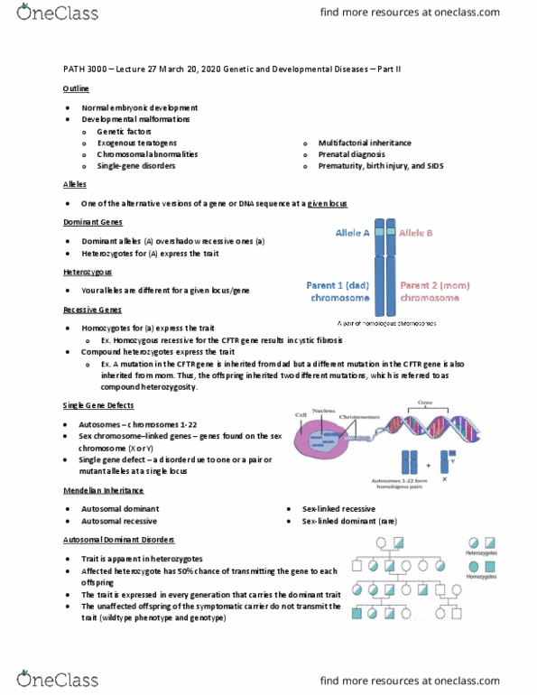 PATH 3000 Lecture Notes - Lecture 27: Cystic Fibrosis, Compound Heterozygosity, Prenatal Diagnosis thumbnail