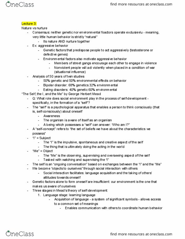 SOCIOL 1 Lecture Notes - Lecture 3: George Herbert Mead, Bipolar Disorder, Twin Study thumbnail