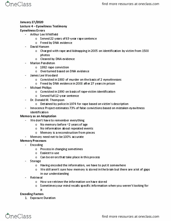 PSYCH 3CC3 Lecture Notes - Lecture 4: Eyewitness Testimony, Eyewitness Memory, Innocence Project thumbnail