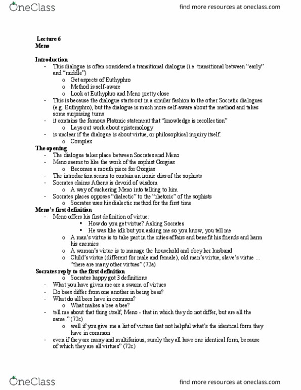 PHILOS 2P03 Lecture Notes - Lecture 6: Socratic Dialogue, Dialectic, Canon Eos 80D thumbnail