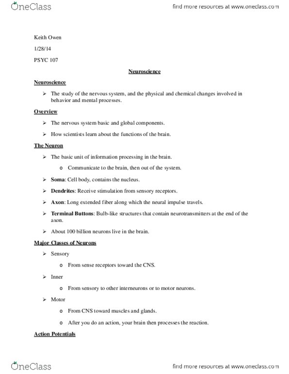 PSYC 107 Lecture Notes - Lecture 4: Acetylcholine thumbnail