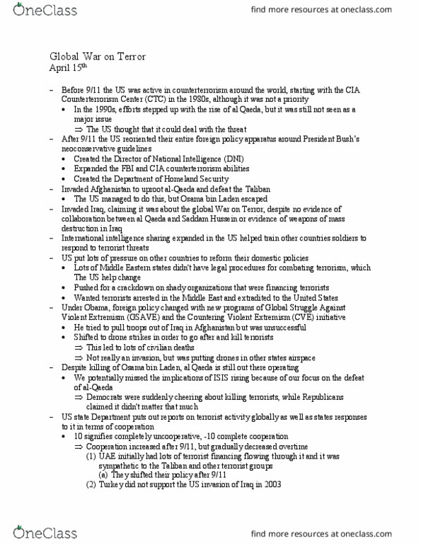 POLS 157 Lecture Notes - Lecture 26: Al-Qaeda, Terrorism Financing, Terrorist Threats thumbnail