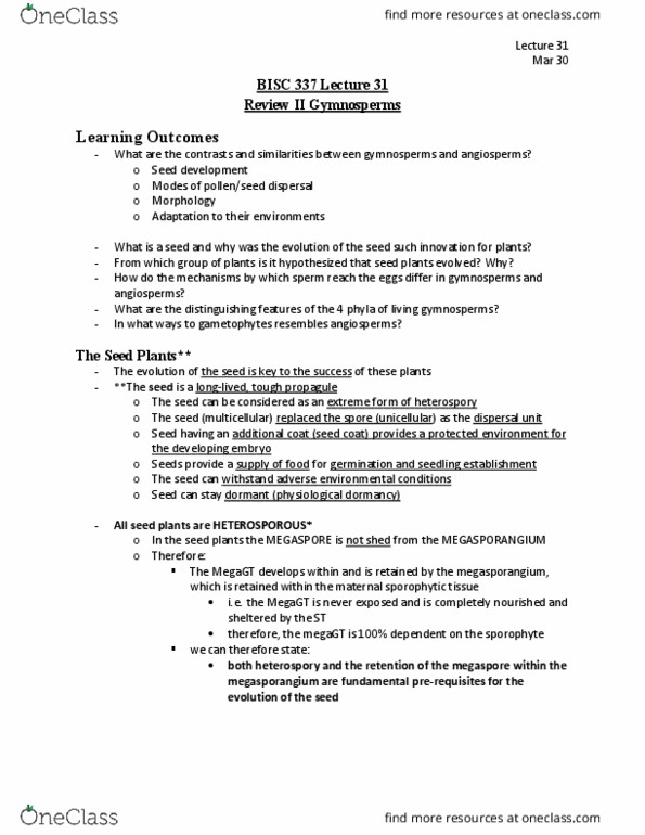 BISC 337 Lecture Notes - Lecture 31: Heterospory, Megaspore, Propagule thumbnail