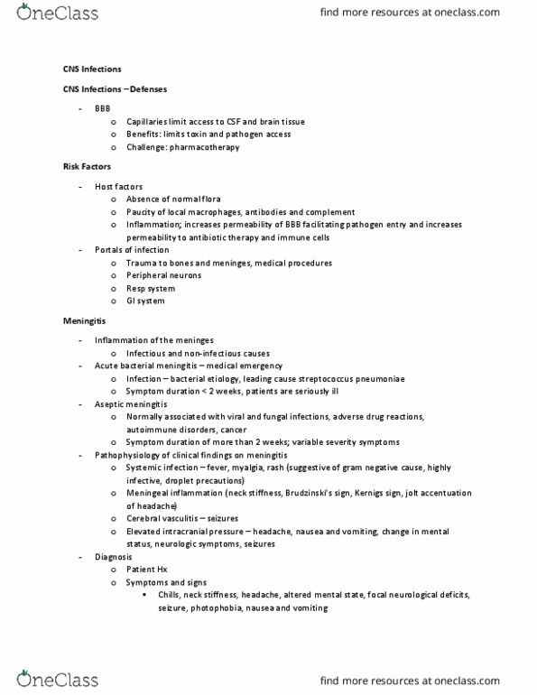 HTHSCI 2HH3 Lecture Notes - Lecture 4: Altered Level Of Consciousness, Aseptic Meningitis, Meningitis thumbnail