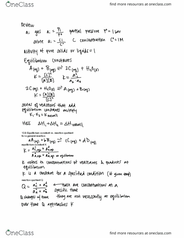 CHEM 14B Lecture Notes - Lecture 21: Reaction Quotient, Equilibrium Constant, Dynamic Equilibrium thumbnail