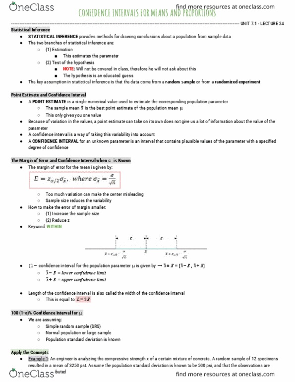 STAT-1401 Lecture Notes - Lecture 7: Simple Random Sample, Confidence Interval, Statistical Inference thumbnail