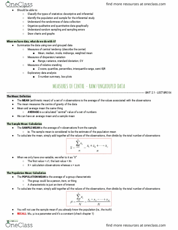 STAT-1401 Lecture Notes - Lecture 2: Exploratory Data Analysis, Interquartile Range, Variance thumbnail