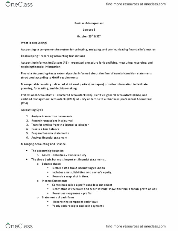 MCS 1000 Lecture Notes - Lecture 8: Chartered Professional Accountant, Cash Flow, Financial Statement thumbnail