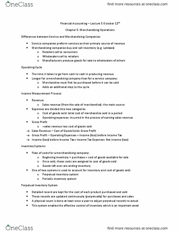 MCS 1000 Lecture Notes - Lecture 15: Perpetual Inventory, Gross Profit, Operating Expense thumbnail