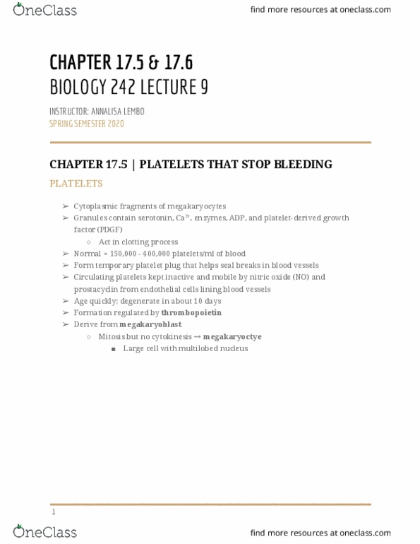 BIOL-242 Lecture Notes - Lecture 9: Megakaryoblast, Thrombopoietin, Prostacyclin thumbnail