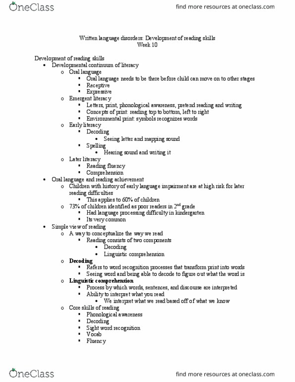 SPA 4400 Lecture Notes - Lecture 9: Written Language, Phonological Awareness, Sight Word thumbnail