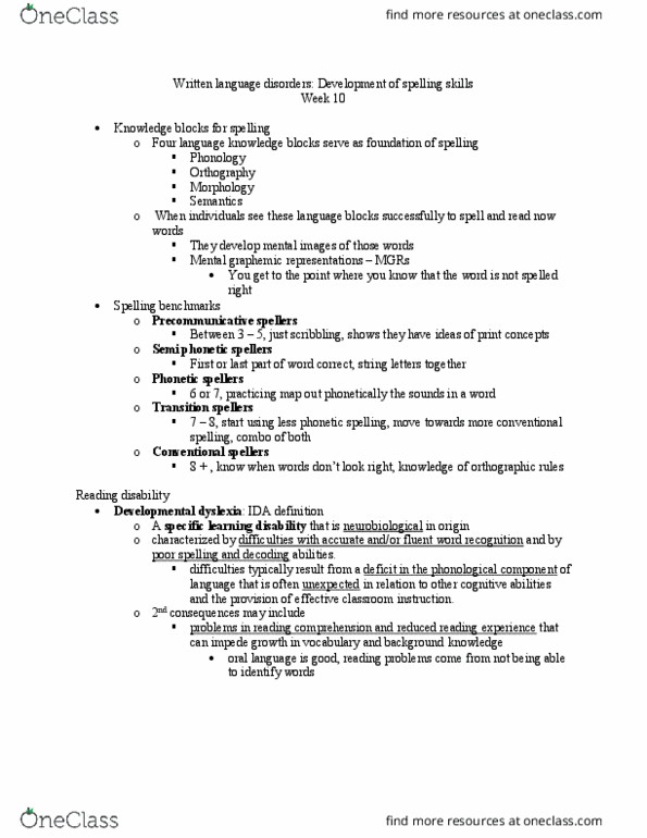 SPA 4400 Lecture Notes - Lecture 10: Dyslexia, Written Language, Reading Disability thumbnail