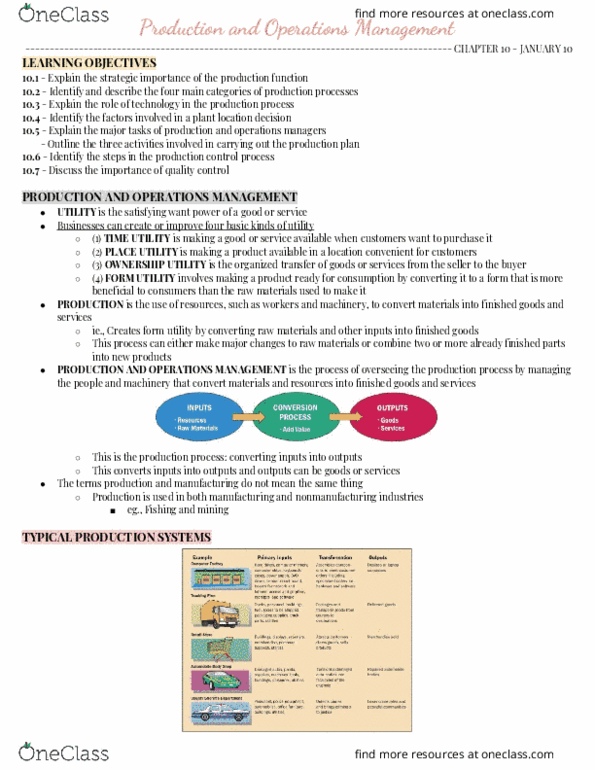 BUS-1202 Lecture Notes - Lecture 10: Production And Operations Management, Operations Management, Production Control thumbnail