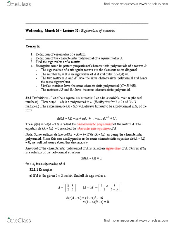 MATH136 Lecture Notes - Invertible Matrix, Algebraic Equation, Triangular Matrix thumbnail