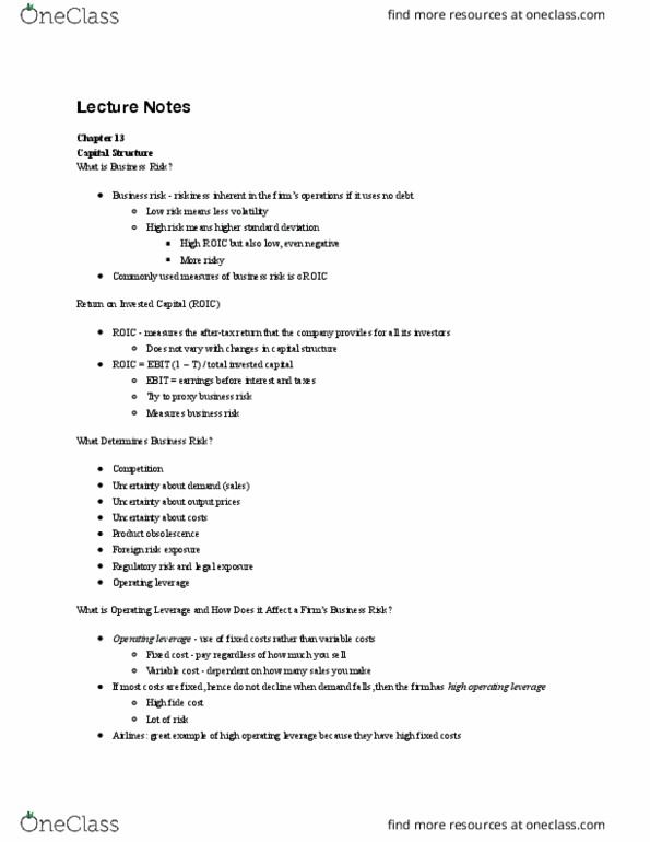B A 323 Lecture Notes - Lecture 13: Operating Leverage, Capital Structure, Fixed Cost thumbnail