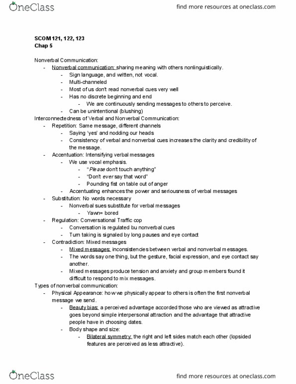 SCOM 123 Chapter Notes - Chapter 5: Symmetry In Biology, Nonverbal Communication, Interpersonal Attraction thumbnail