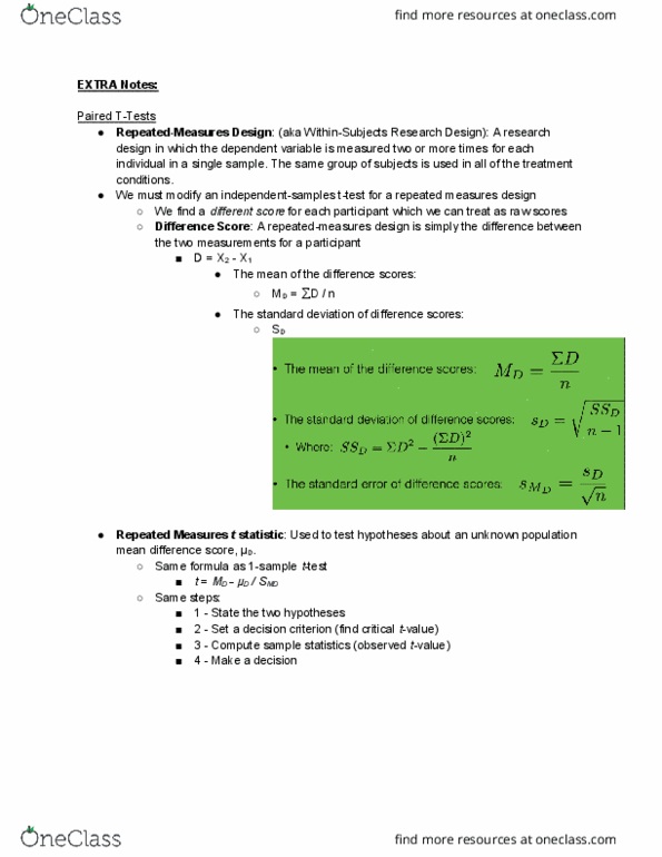 PSY 295 Lecture Notes - Lecture 15: Repeated Measures Design, Standard Deviation, Dependent And Independent Variables thumbnail