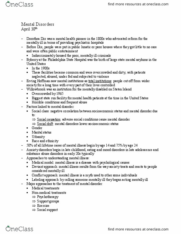 SOC 014 Lecture Notes - Lecture 15: Dorothea Dix, Mental Disorder, Medical Model thumbnail