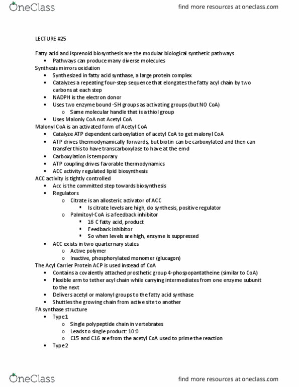 MCELLBI 100B Lecture Notes - Lecture 25: Malonyl-Coa, Acyl Carrier Protein, Acetyl-Coa thumbnail