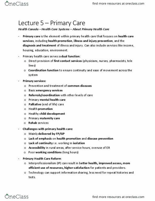 CRIM 2653 Chapter Notes - Chapter 1.3: Primary Healthcare, Health Promotion, Health Canada thumbnail