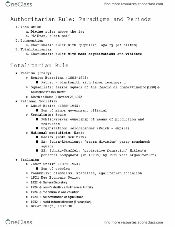 HIST 2C Lecture Notes - Lecture 11: Benito Mussolini, Joseph Stalin, Fascio thumbnail