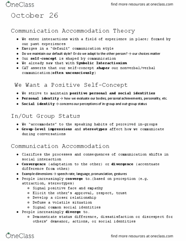 COMM 89 Lecture Notes - Lecture 9: Communication Accommodation Theory, Symbolic Interactionism, Personal Identity thumbnail