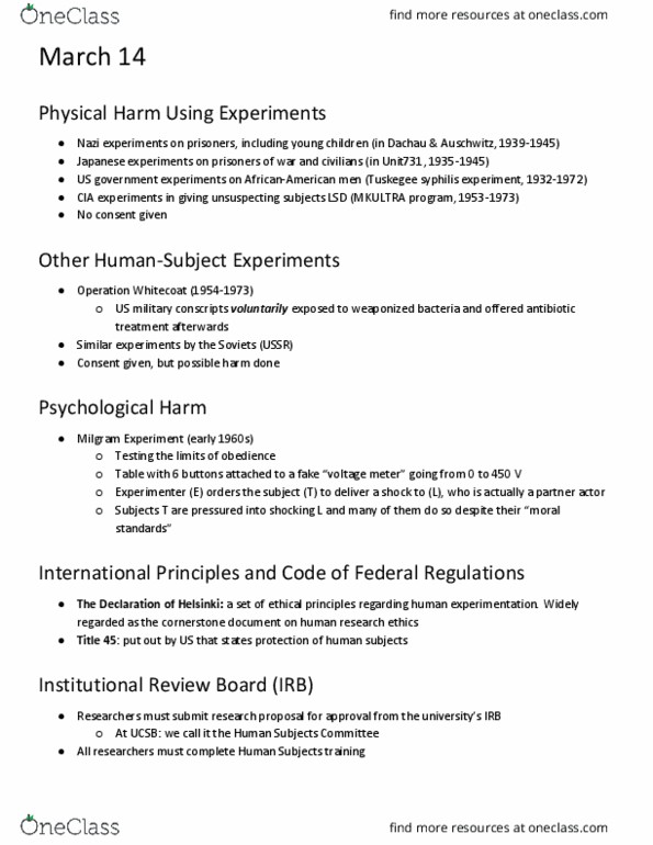 COMM 88 Lecture Notes - Lecture 16: Institutional Review Board, Operation Whitecoat, Milgram Experiment thumbnail
