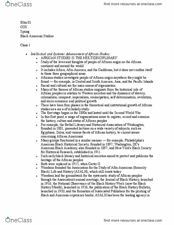 ETHN 001 Lecture Notes - Lecture 1: African Studies, Africana Studies, Institute Of Historical Research thumbnail