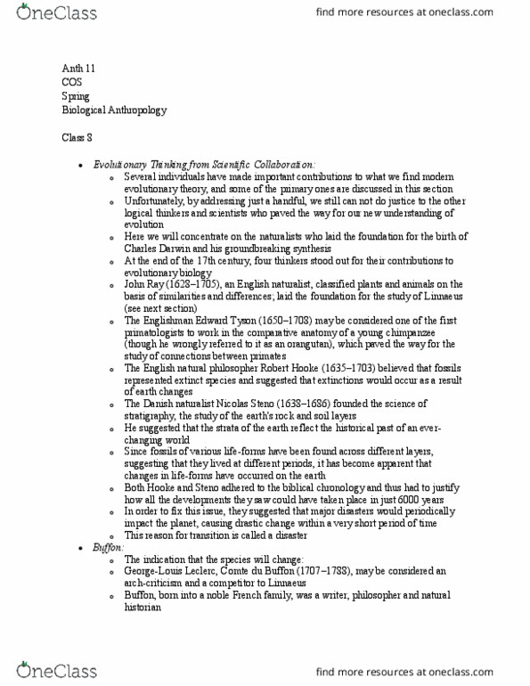 ANTH 011 Lecture Notes - Lecture 8: Edward Tyson, Robert Hooke, Natural History thumbnail