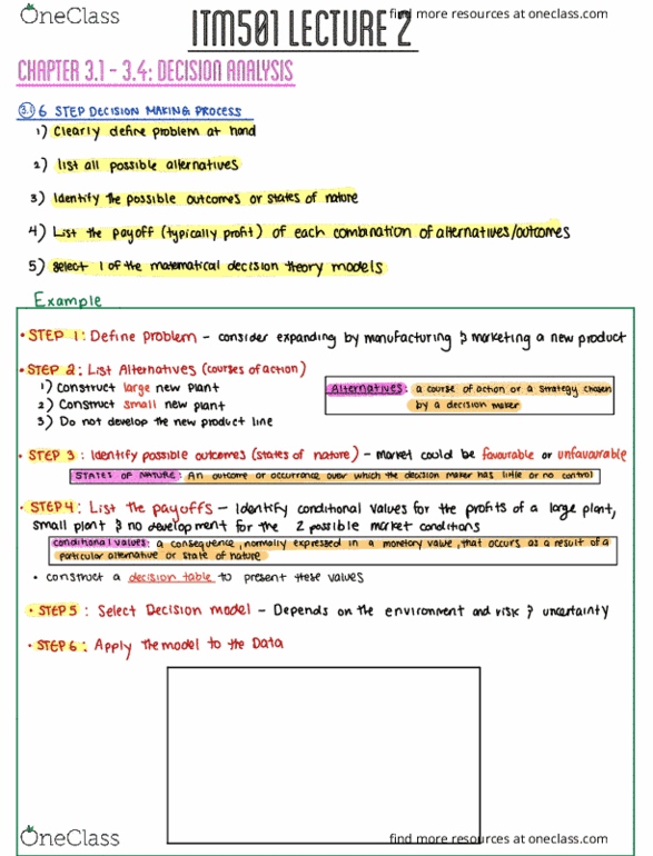 ITM 501 Lecture Notes - Lecture 2: Decision Model, Emv, Perfect Information thumbnail